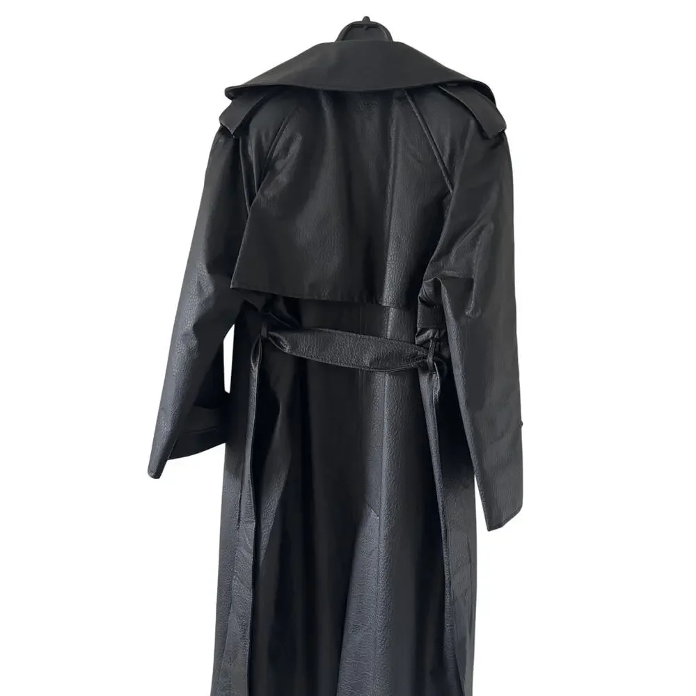 Black Faux Leather Trench Coat Women Long Belted Classic Jacket Stylish - Picture 9 of 12